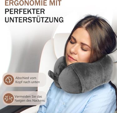 Подушка для шиї в літак, доросла, з піною Memory Foam, регульована, з вушкою та маскою для сну, чорна (сіра)