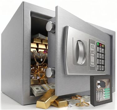 Електронний сейф KESSER® 31x20x20 см зі світлодіодним дисплеєм, подвійним ригелем, кріпленням для стіни та меблів, внутрішнім освітленням, сріблястий