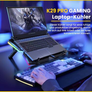Охолоджувач для ноутбука Offgridtec K25 Pro, підставка з 4 тихими вентиляторами (1100 об/хв), 2 USB-порти, регулювання висоти, ергономічний дизайн для геймерських ноутбуків та консолей 10-17 дюймів, синій