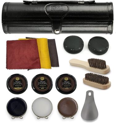 Stone & Clark 12-Piece Shoe Cream & Leather Care Set with Brown Wax, Polishing Shoe Brushes, Compact Shoe Shine Kit with Horsehair Brushes & PU (Classic Black Kit)