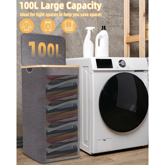 Laundry Basket with Lid 100L, Laundry Box with Bamboo Handles and Inner Pocket, Bamboo Laundry Collector, Large Capacity, Laundry Baskets, Foldable Laundry Baskets for Laundry Room, Bedroom, Bathroom (Gray)
