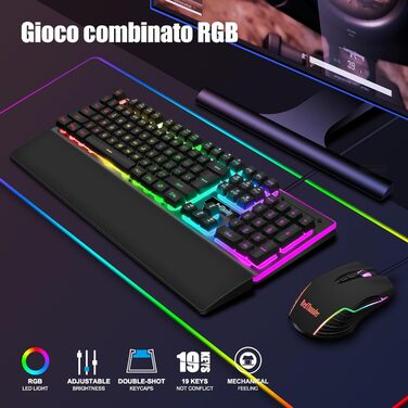 RedThunder K10 Бездротова ігрова клавіатура та миша з підсвічуванням LED, акумулятор 3800 mAh, механічне відчуття, Anti-Ghosting, миша 7D 3200 DPI, QWERTY-розкладка, для PC геймерів (Чорний)