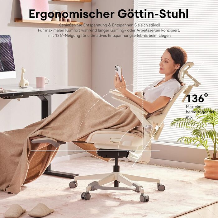 Ергономічне крісло для жінок MUSSO E80 Muse FemmePosture™ - регулювання на 135°, 3D-підтримка попереку, 17см 4D-підголівник, висувна підніжка, регулювання глибини/висоти сидіння, регульовані підлокітники (Бежевий)