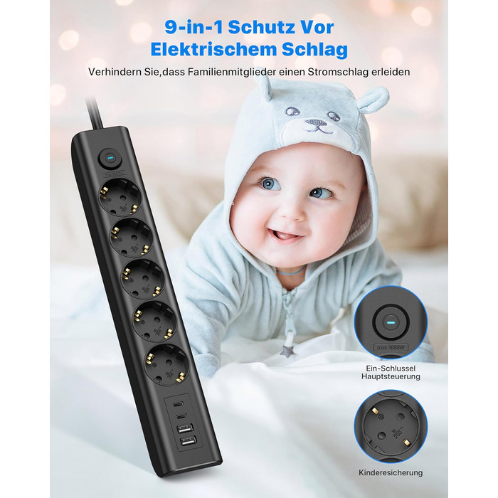 Мережевий фільтр Steckdose 8 в 1 з USB, 3680W, з вимикачем, 16A, 2 USB-C, для смартфонів, ноутбуків, iPad, 1.8M кабель, білий (чорний 5AC)