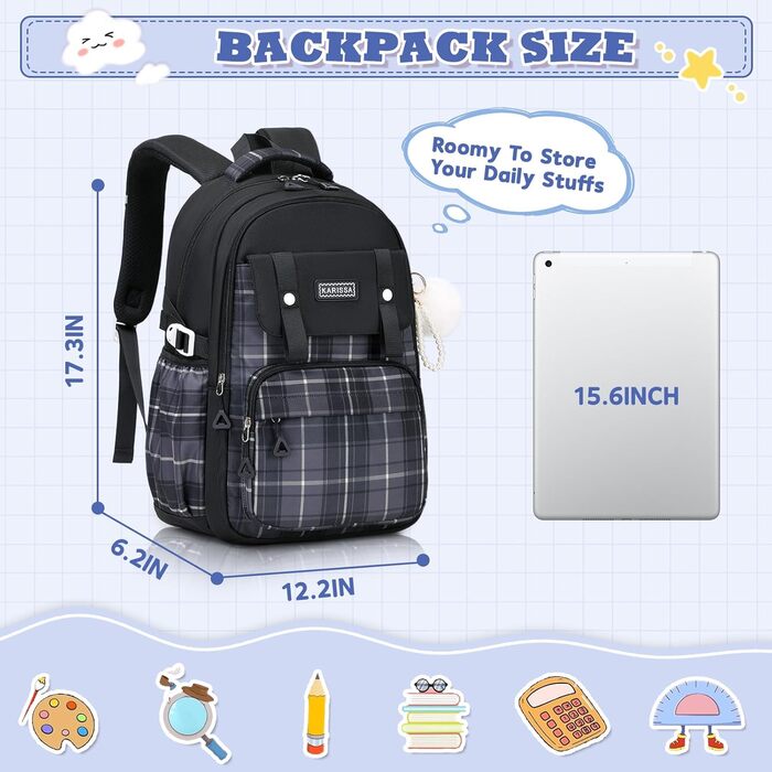 Шкільний рюкзак для дівчаток: велика місткість, стильний дизайн, Kawaii, чорний