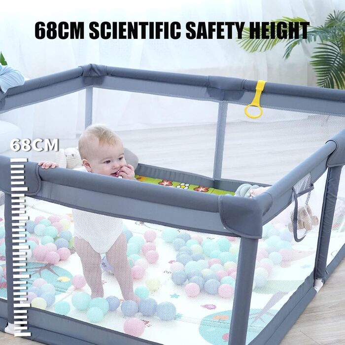 VTERLY Baby Playpen, 150 x 180 x 68cm Playard/Safety Gate with Storage Bag, Breathable Mesh, Anti-Collision Foam Playpen, Baby Playpen, Playard for Kids - Grey 150*180cm