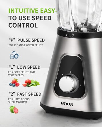 GDOR Standміксер 1200W з 1,5л скляною колбою та 650мл стаканчиком для напоїв. 3 швидкості, для смузі, шейків, соусів. Професійний міксер GDOR