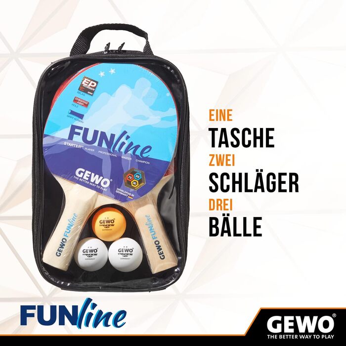 Набір для настільного тенісу GEWO Fun – комплекти від 1 до 4 ракетки, м'ячі, сумка та сітка – для початківців, хобі та відпочинку. Поверхня з гумовими ніжками, ергономічна ручка. Комплект 2 ракетки + 3 м'ячі + сітка