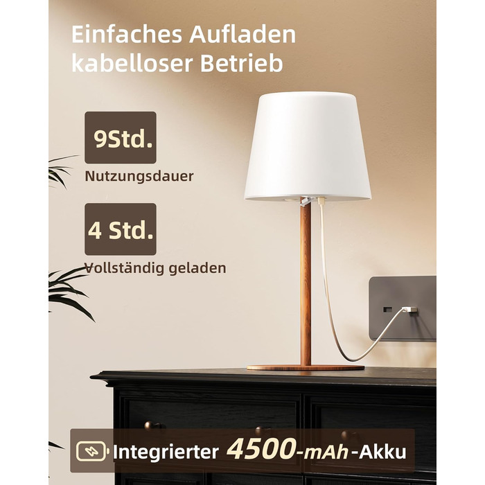 Світлодіодні настільні лампи EZVALO бездротові, 2 шт., IP65, USB-C, димування, 3 режими кольору, для дому та кемпінгу (дерев'яний колір)