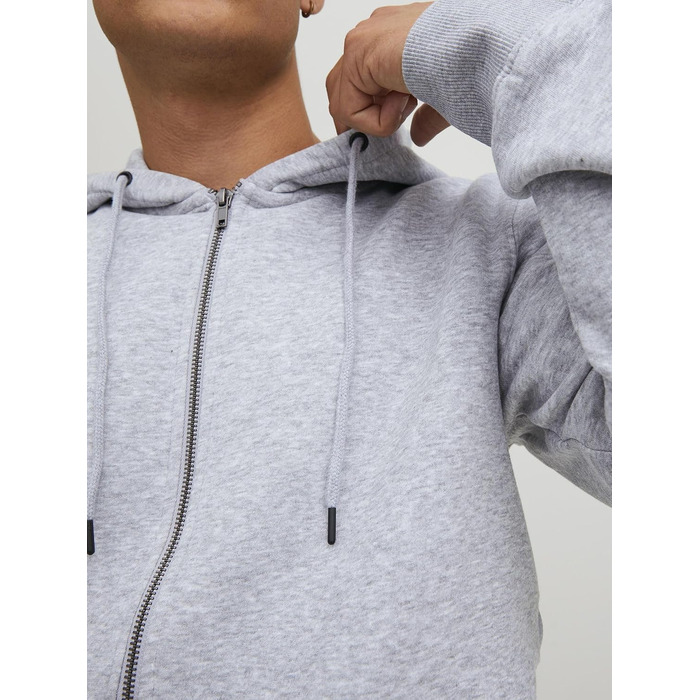 Чоловіча толстовка-худі на блискавці JACK & JONES однотонна, світло-сіра (Light Grey Melange), розмір S