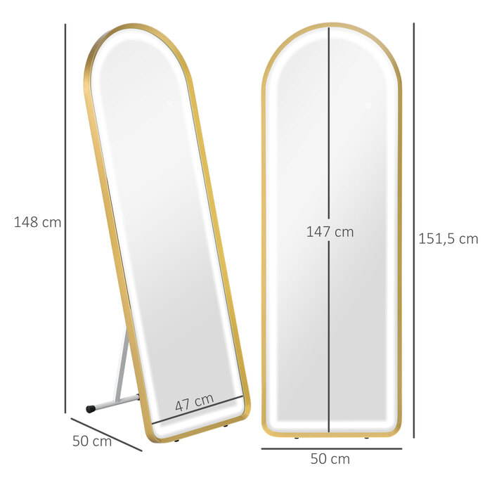 Дзеркало для всього тіла HOMCOM з LED-підсвіткою, регульованою яскравістю, настінне та напольне дзеркало, дзеркало для гардеробної з сенсорним вимикачем, золото, 47x146 см