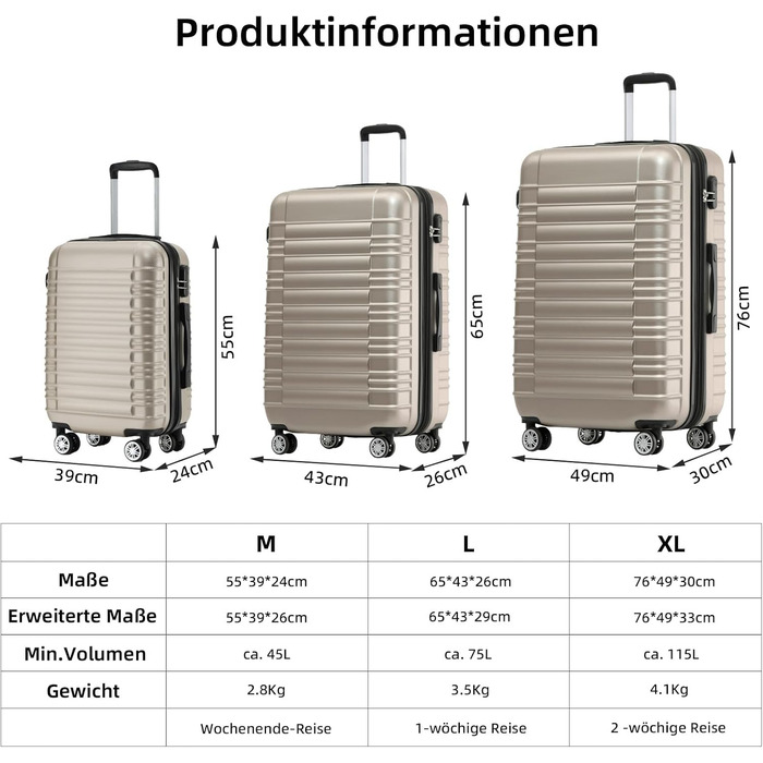 Набір валіз Beibye Hartschalen: велика, середня, маленька (кофе, шампань)
