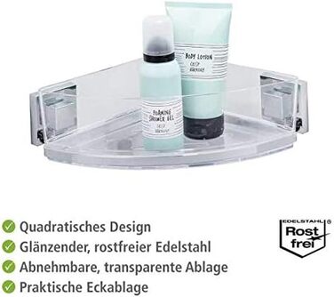 WENKO Vacuum-Loc Bathroom Corner Shelf Quadro UNO, With Removable Bowl, Mounting Without Drilling, Stainless Steel/Plastic, 28 x 8.5 x 19.5 cm