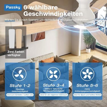 Стельовий вентилятор з освітленням Passky 132 см, білий: LED-лампа з 3 режимами світла, DC-мотор, 6 швидкостей, пульт керування, реверсивний режим (літо/зима) для вітальні та спальні