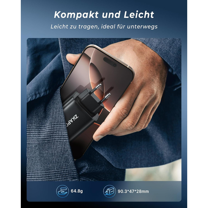 Зарядний пристрій ZKAPOR USB-C з 4 портами, 40W, з підтримкою PD та QC, для iPhone 16/15/14, Samsung Galaxy, Huawei, iPad Pro/Air, білий/чорний