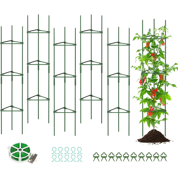 SUNYRISY Tomato Support Stakes Set, Tomato Plant Holders, Climbing Plant Trellis, Plant Support for Flowers & Vegetables, DIY Adjustable 6-Piece Set, 120 cm Height, Green