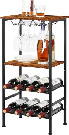 YBING Wine Rack, Freestanding, Floor Wine Bar Rack with Glass Holder and Tabletop, 8 Bottles, Wood Wine Tables with Shelves, 4 Tiers, Wine Bottle Organizer, Display Stand, Rustic Brown