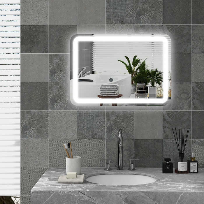 Дзеркало Kleankin Bad Spiegel LED 50 x 70 см з 3 кольорами світла та сенсорним вимикачем, IP44, автоматичне проти запотівання, функція пам'яті, скло Hartglas, срібний