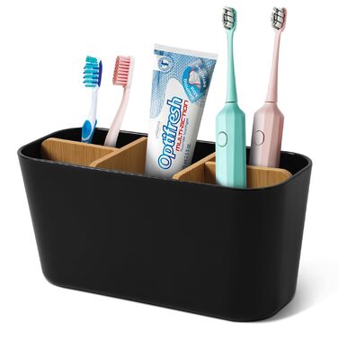 Підставка для зубних щіток з бамбуковими перегородками, органайзер для зубних щіток на 4 відділення + місце для пасти, чорний