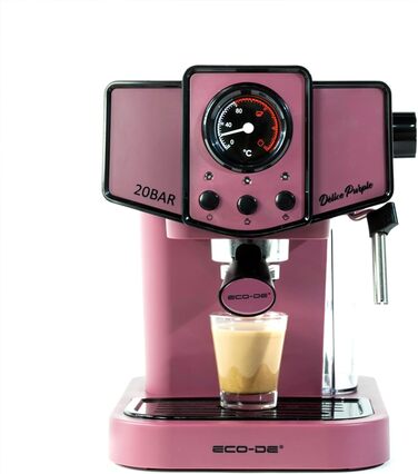 ECODE® Espresso Machine Delice Black, 20 Bar Pressure, Swivel Vaporizer - Machine with 1.5 L Tank, Milk Frother, Single/Double Dosage, Manometer with Temperature - Coffee Machine (Purple)