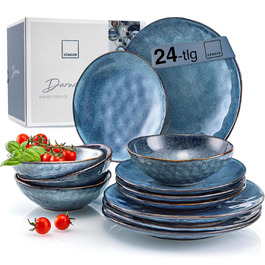 SÄNGER | Darwin 24-Piece Tableware Set, 8-Person Stoneware Dinnerware Set, Blue Plate Set including Dinner Plates, Dessert Plates & Deep Plates, Dinnerware, Dish Set Handmade | PREMIUM COLLECTION 24-Piece Tableware Set