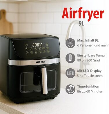 Фритюрниця Alpina Heißluft XXL: Airfryer на 4-6 осіб, 1800W, 9L, цифровий дисплей, таймер 2 год