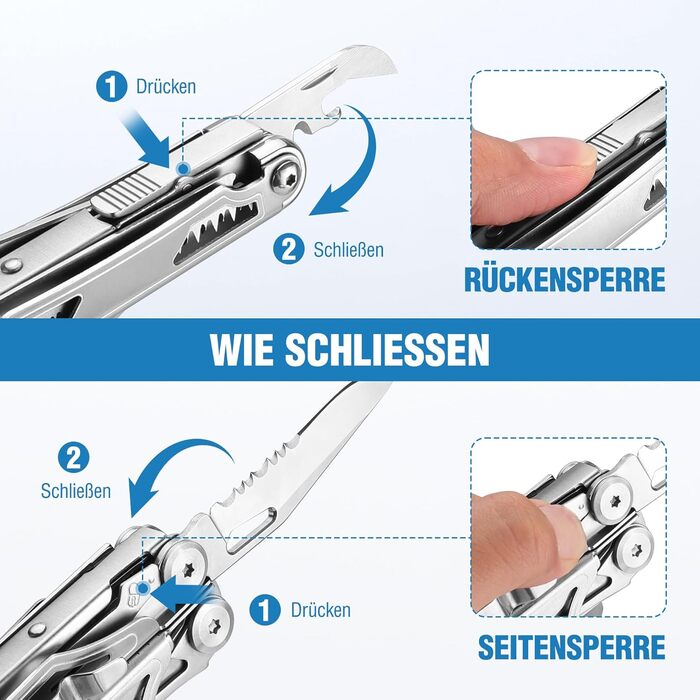 FLISSA 19-in-1 Multifunction Pliers - Multitool with Glass Breaker & Fire Starter - Stainless Steel Camping & Repair Tool with Carrying Case