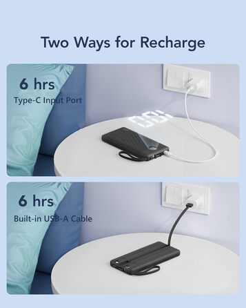 Power Bank VRURC 10000mAh з 4 кабелями, портативний акумулятор USB-C для iPhone/Huawei/Samsung, LED-дисплей, 5 виходів, чорний