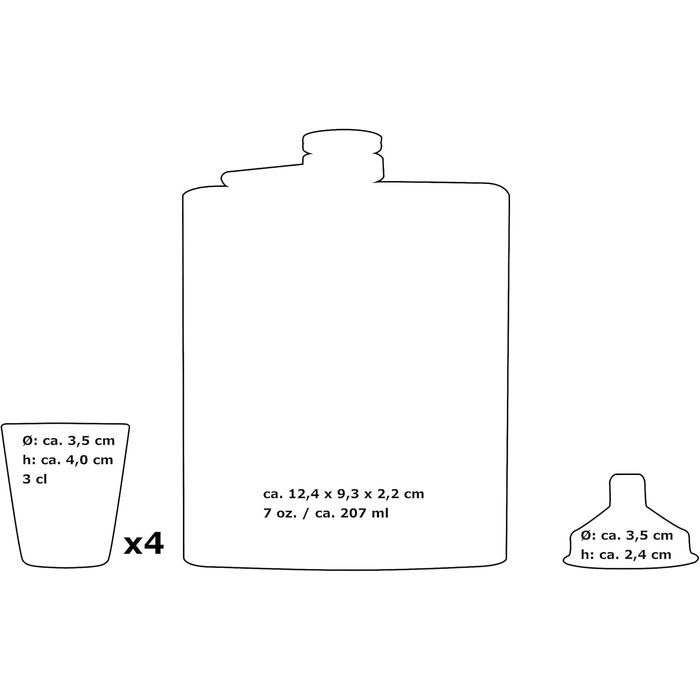 Набір фляга з воронкою та 4 шт. склянок для шнапсу об'ємом 3cl – подарункова коробка, фляга 7 oz (207ml)