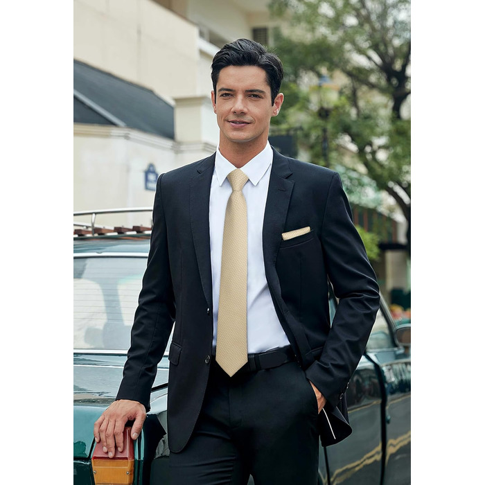 Кравка для чоловіків HISDERN на весілля: класичний дизайн у клітинку та в горошок, комплект з кишеньковим хустиною (шампань)