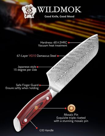 Японський ніж Santoku WILDMOK з дамаської сталі, 17.8 см, професійний для м'яса та овочів, VG10 сталь, Full Tang, G10 рукоятка, серія Song