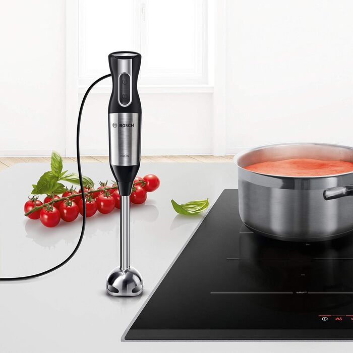 Блендер занурювальний Bosch ErgoMixx Style MS6CM4150, 800 Вт, 12 швидкостей, нержавіюча сталь, 4-лезове лезо, віночок, мірний стакан, подрібнювач 500 мл