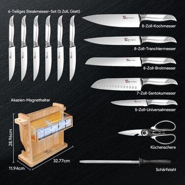 Набір кухонних ножів Messerset 7 предметів у японському стилі з магнітним блоком з акації, вуглецева сталь, нековзка ручка