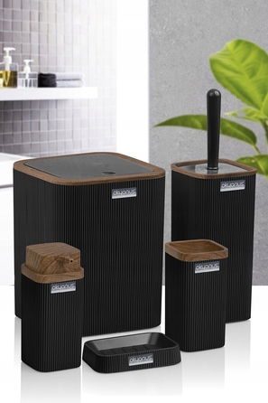 Набір аксесуарів для ванної кімнати Stella, 5 предметів, чорний з дерев'яним оздобленням