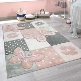 Paco Home Kids Rug, Children's Room, Colorful, Pink Butterflies, Checkered, Dots, Flowers, Size: 240x340 cm (Rectangular)