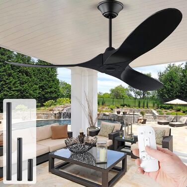 Стеляний вентилятор 152 см з ДК-двигуном, з пультом, 3-лопатевий, для дому та вулиці, з таймером (132/52 дюйми, чорний)