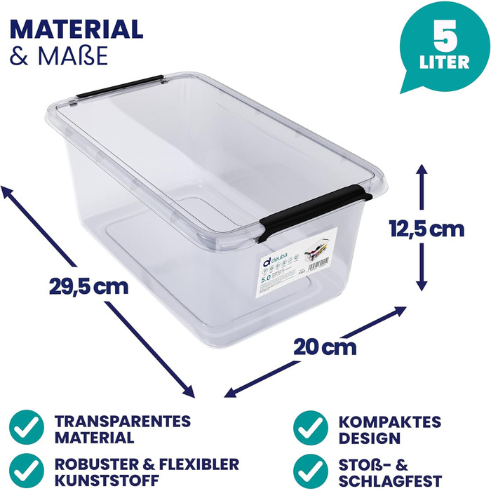 Deuba® 10x Storage Box with Lid - Plastic Boxes, Food Safe, BPA Free, Small, Click Closure, Transparent, Stackable, Kitchen, Bedroom (5L, Set of 6)