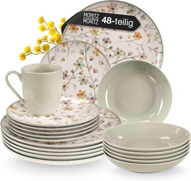 Набір посуду Moritz & Moritz PRIMAVERA Steingut для 6 осіб (24 шт.) - сучасний сервіз з ігровим дизайном, легкий у догляді, з тарілками, чашками та салатниками