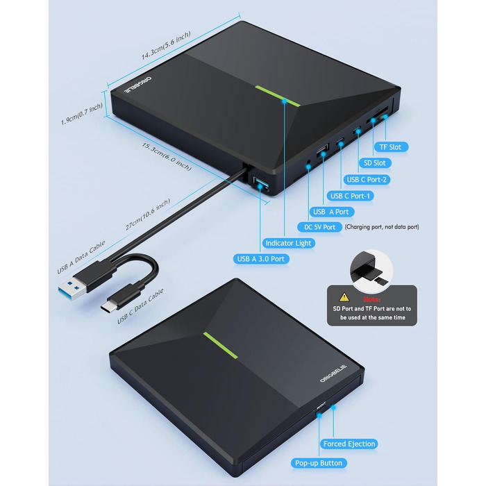 Зовнішній DVD/CD привід ORIGBELIE з 4 USB-портами та 2 слотами для TF/SD карт, USB 3.0, портативний для ноутбука, MacBook, PC (Windows, Linux, Mac OS)