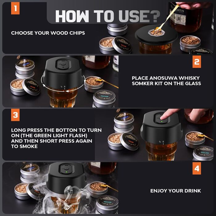 Набір для димування віскі Anusuwa - набір для коктейлів з 6 дерев'яними стружками та 4 камінням для віскі. Ідеальний подарунок для чоловіків на день народження, Різдво, ювілей (без бутану)