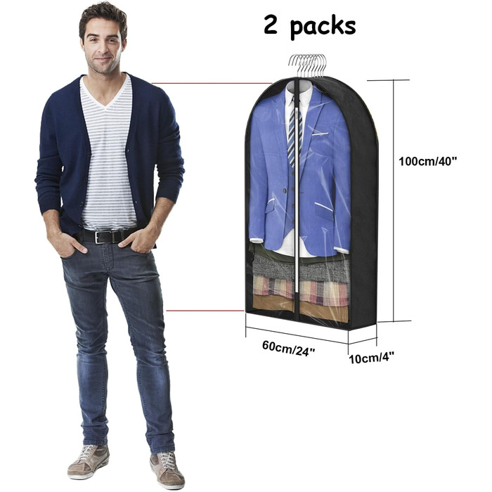 Чохли для одягу, дихаючі, 100 см (4 шт.) для костюмів, захисні мішки для зберігання з 10 см прорізом, прозоре вікно, пилонепроникні, мішки для одягу, захист для костюма, пальто