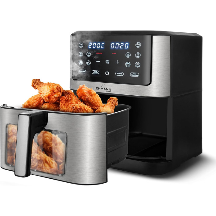 Горизонтальний фритюрник Lehmann 8л, 1800 Вт з оглядовим вікном, регулюванням температури до 200°C, 12 програм, таймером, антипригарним покриттям, для приготування на грилі, випікання та смаження з використанням технології Air Fry