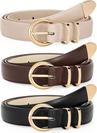 LEACOOLKEY 3 шт. жіночі тонкі шкіряні ремені для джинсів, суконь, вінтажні ремені з золотистою та сріблястою пряжкою (100 см), розмір талії 66-76 см, колір: чорний, кавовий, бежевий (глянцеве золото)