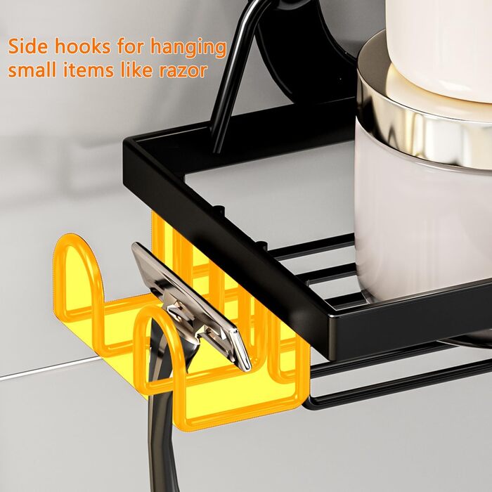 FOXWHALE Shower Shelf - Hanging Shower Rack with Razor Holder & Soap Holder and Multiple Hooks, Black, No Drilling Hanging Shower Basket for Bath Bombs, Towel, Bath Brush