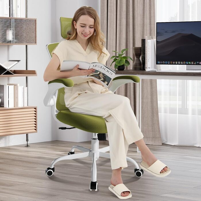 Коламі - ергономічне крісло для офісу з сітчастою спинкою, регульованою підголівником та поперековою підтримкою, відкидними підлокітниками, функцією гойдання та фіксації, регульоване по висоті, зелений, універсальний розмір