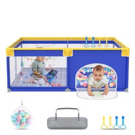 UISEBRT Playpen Baby 150x180cm Playard for Baby with 50 Ocean Balls & 4 Pull Rings & Carry Bag, Foldable Playpen Tent with Breathable Mesh for Kids, Blue with Animal Motifs 150x180x68cm Blue with Animal Motifs