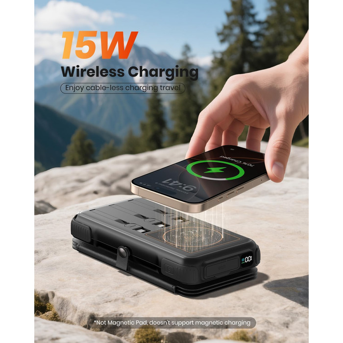 Power Bank Bilivein 25000mAh з сонячною зарядкою, 3 кабелі, 20W, LED, USB-C, для активного відпочинку