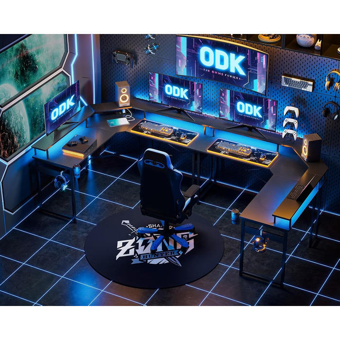 Ігровий стіл ODK 129x129 см з LED підсвіткою, розетками і USB, комп'ютерний стіл з великою полицею для монітора, карбон, чорний