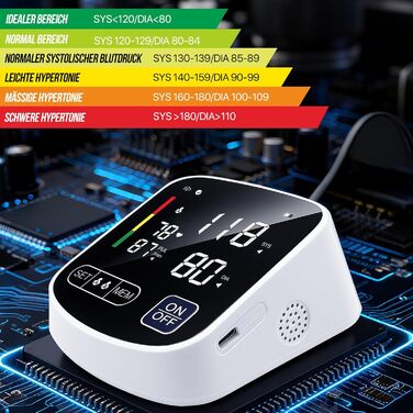 Тонометр на плече RoserRose: цифровий, з голосовим супроводом німецькою, LED-дисплей, 2x99 місць пам'яті, манжета 22-36 см, AAA-батарея/Type-C кабель