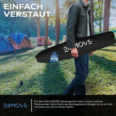Складний туристичний стілець 24MOVE® для кемпінгу та відпочинку, до 150 кг, з підлокітниками, кишенею для напоїв та сумкою, чорного кольору